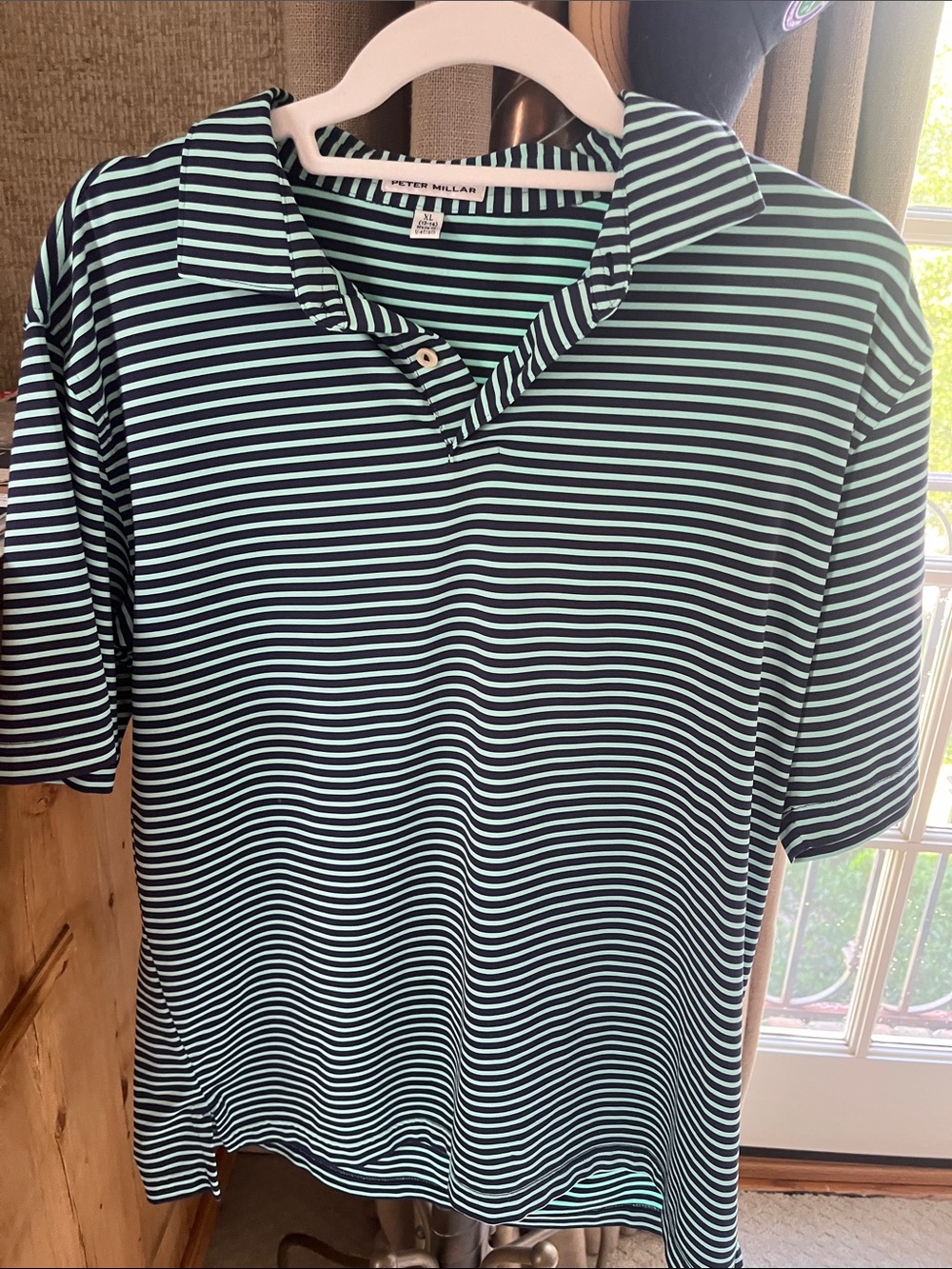 Peter Millar Mint Green and Black Striped Polo like new condition
